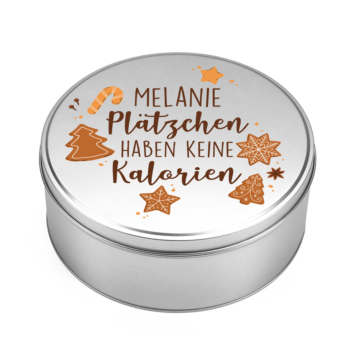 Keksdose aus Metall mit Deckel-Aufdruck und personalisiertem Namen Melanie