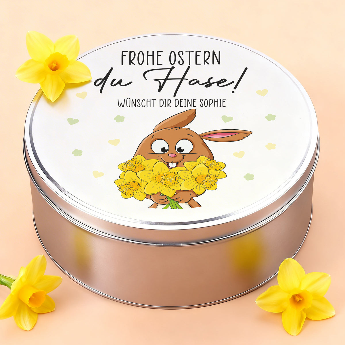 Personalisierte Gebäckdose zu Ostern aus Metall mit Hasenmotiv und Wunschtext auf dem Deckel