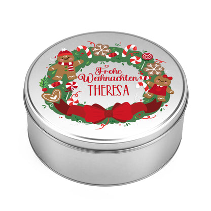 Personalisierte Keksdose mit Name Theresa und Frohe Weihnachten Motiv auf weißem Hintergrund