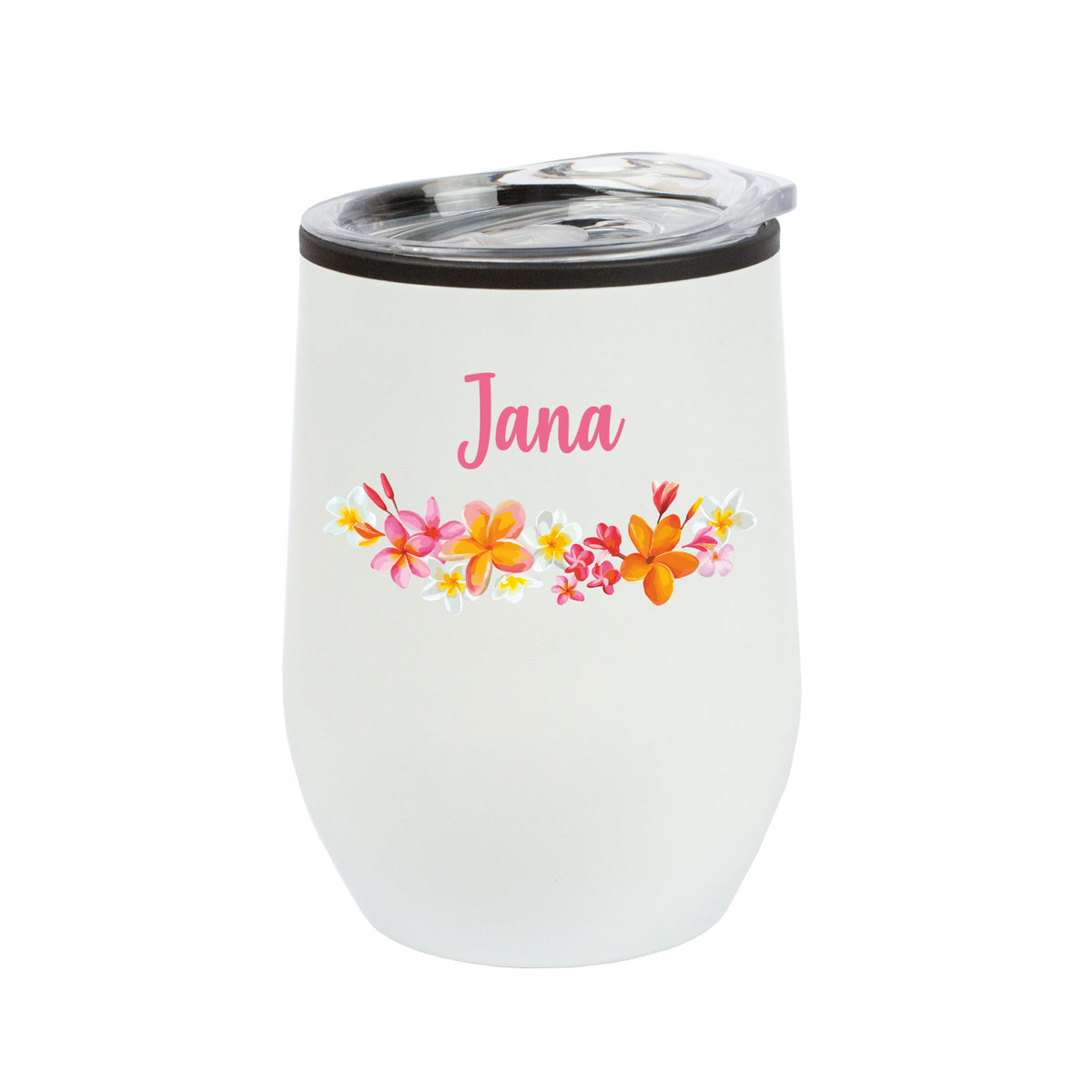 Weißer Thermobecher mit Blumenmotiv und Name Jana freigestellt