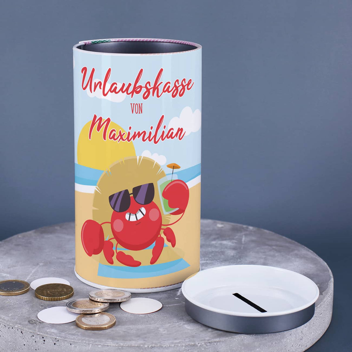 Spardose aus Blech für Urlaubsersparnisse mit Name personalisiert