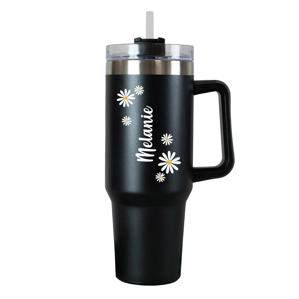 Freigestelltes Bild des schwarzen Thermobecher mit personalisiertem Namensmotiv und Blumen