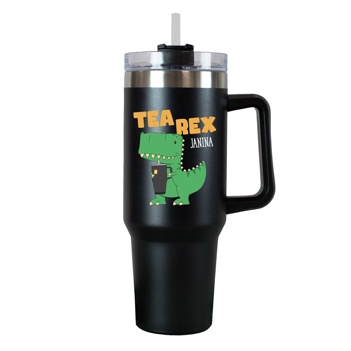 Freigestellter Thermobecher mit grünem Dino und „Tea Rex“-Schriftzug auf weißem Hintergrund