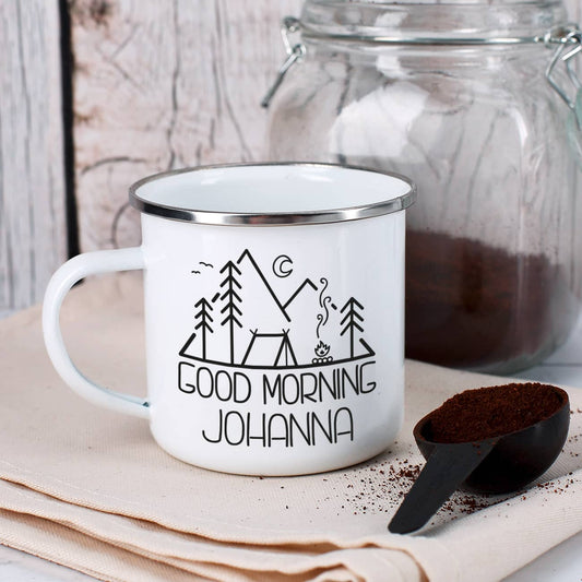 Emailletasse mit Camping-Motiv und Ihrem Wunschtext