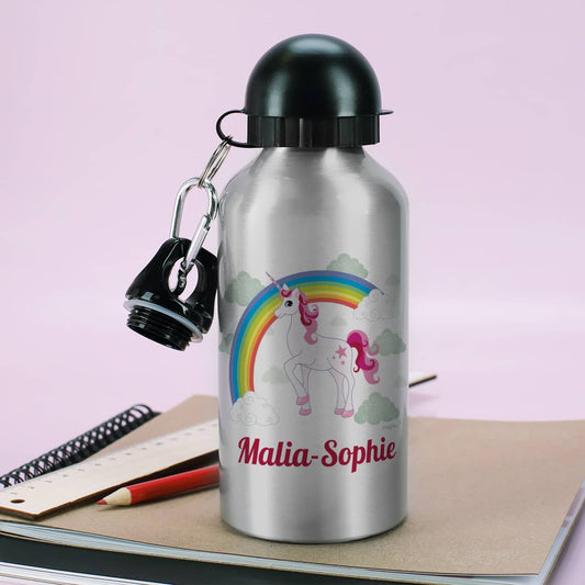 Silberne Trinkflasche mit Einhorn und Ihrem Wunschnamen bedruckt