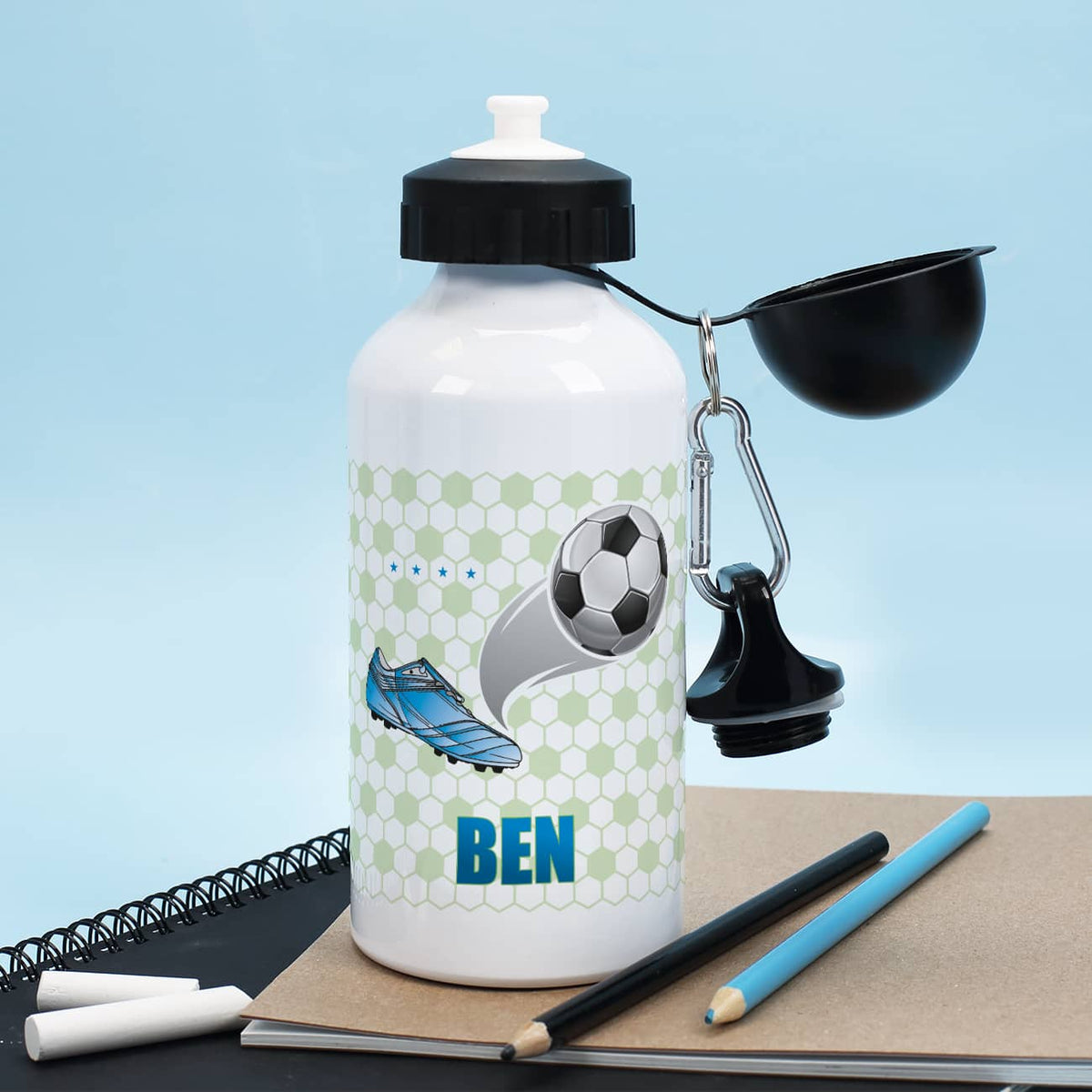 Aluminium-Trinkflasche mit Fußball-Motiv und Name