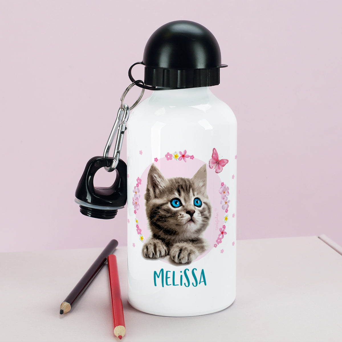 Trinkflasche mit Baby-Katze und Namensaufdruck