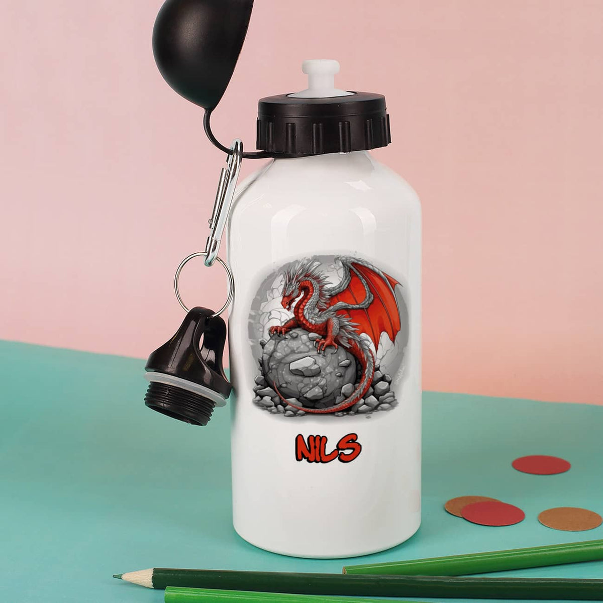 Trinkflasche mit Drachen-Motiv und Wunschname