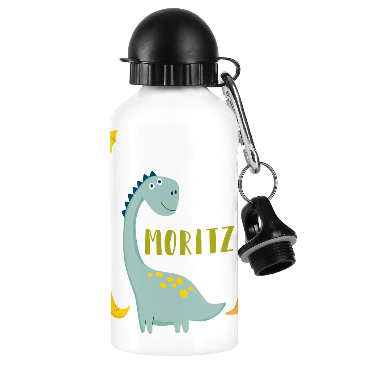Freigestellte Dino-Trinkflasche mit Name Moritz – Vorderansicht mit Karabiner und Deckel