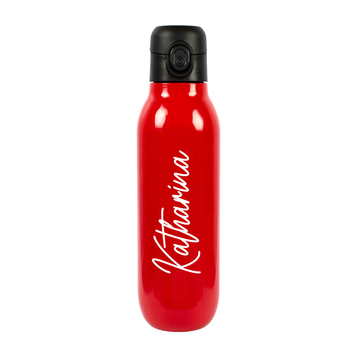 Personalisierte rote Edelstahl-Trinkflasche mit weißem Namensaufdruck „Katharina“ und schwarzem Klickverschluss