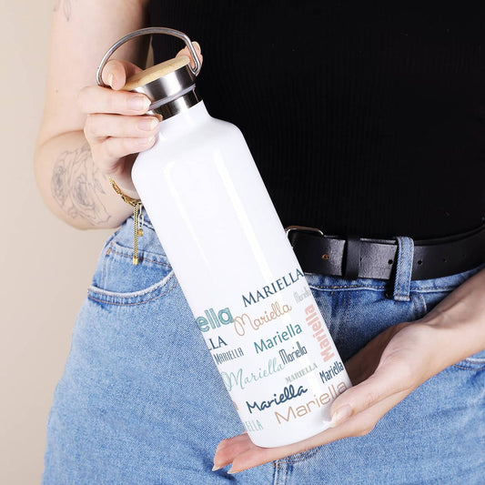 Weiße Thermosflasche mit Name nach Wunsch bedruckt