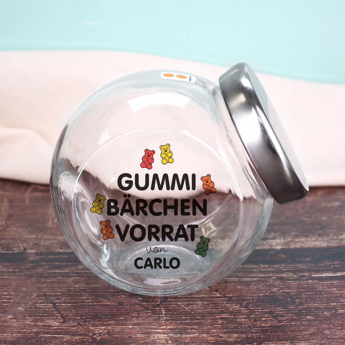 Leeres transparentes Vorratsglas „Gummibärchen Vorrat von Carlo“ mit silberfarbenem Metalldeckel