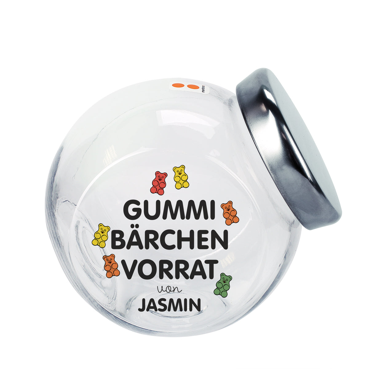 Freigestelltes personalisiertes Vorratsglas „Gummibärchen Vorrat von Jasmin“ aus transparentem Glas mit Metalldeckel