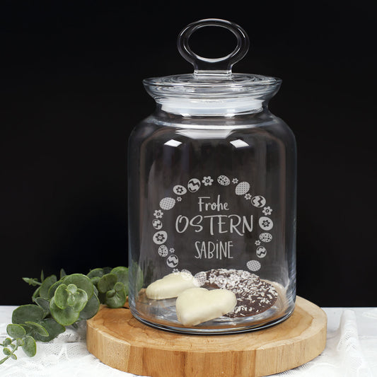 Glasdose mit Ostereier-Design und Ihrem Wunschnamen