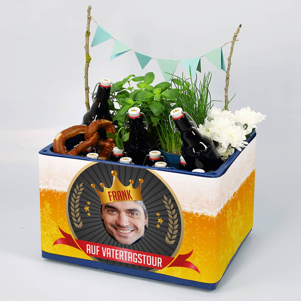 Bierkasten-Banderole zum Vatertag mit Foto, Name, Wunschtext & Stickern
