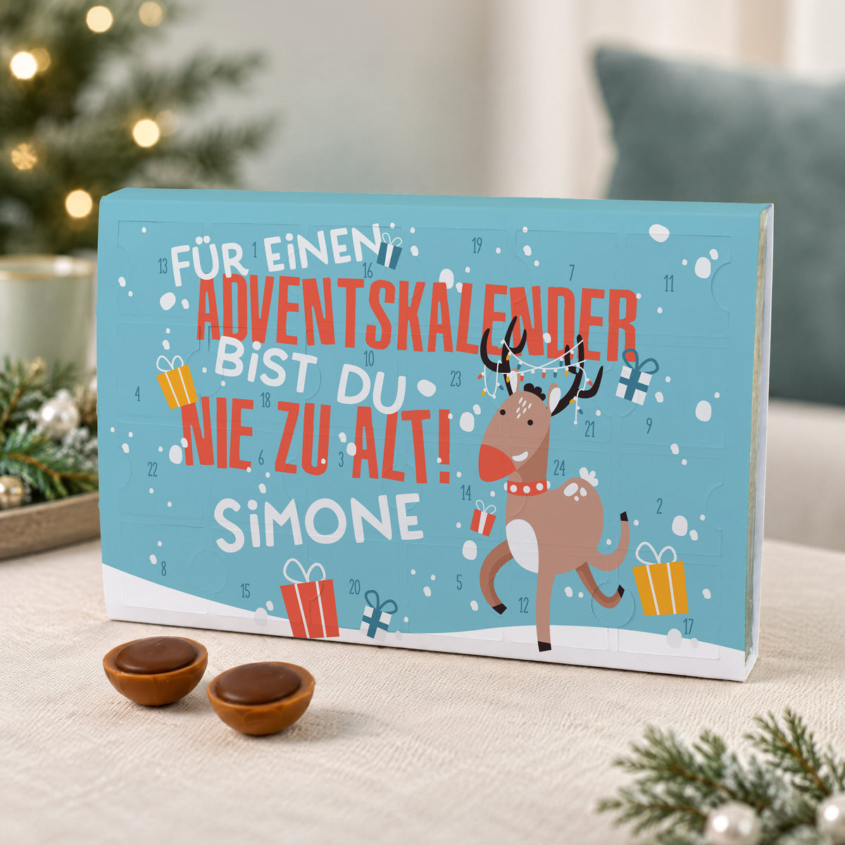 Personalisierter Adventskalender mit Toffifee, Name und Rentier Motiv
