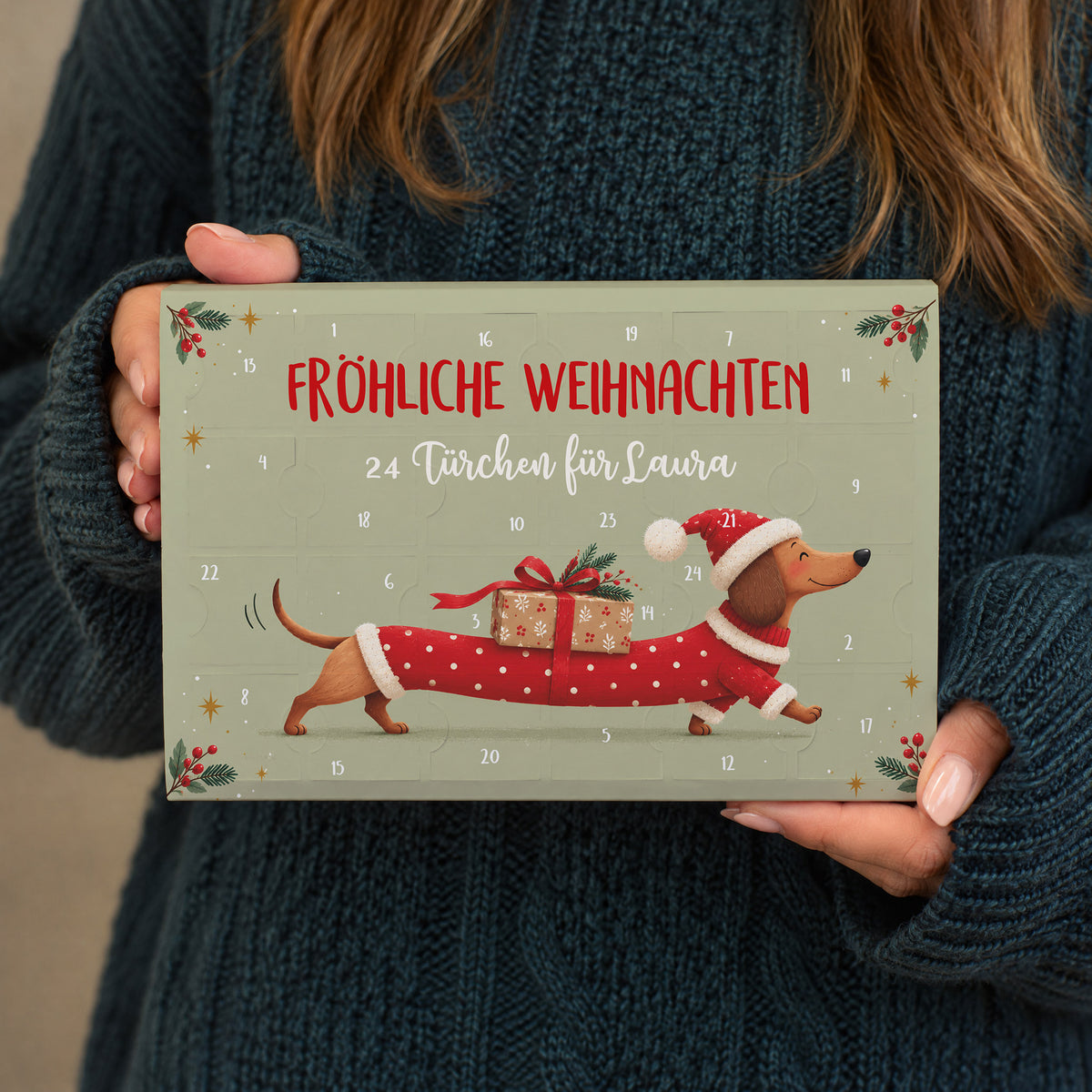 Personalisierter Adventskalender mit Dackel Motiv und Wunschtext 24 Türchen für Laura