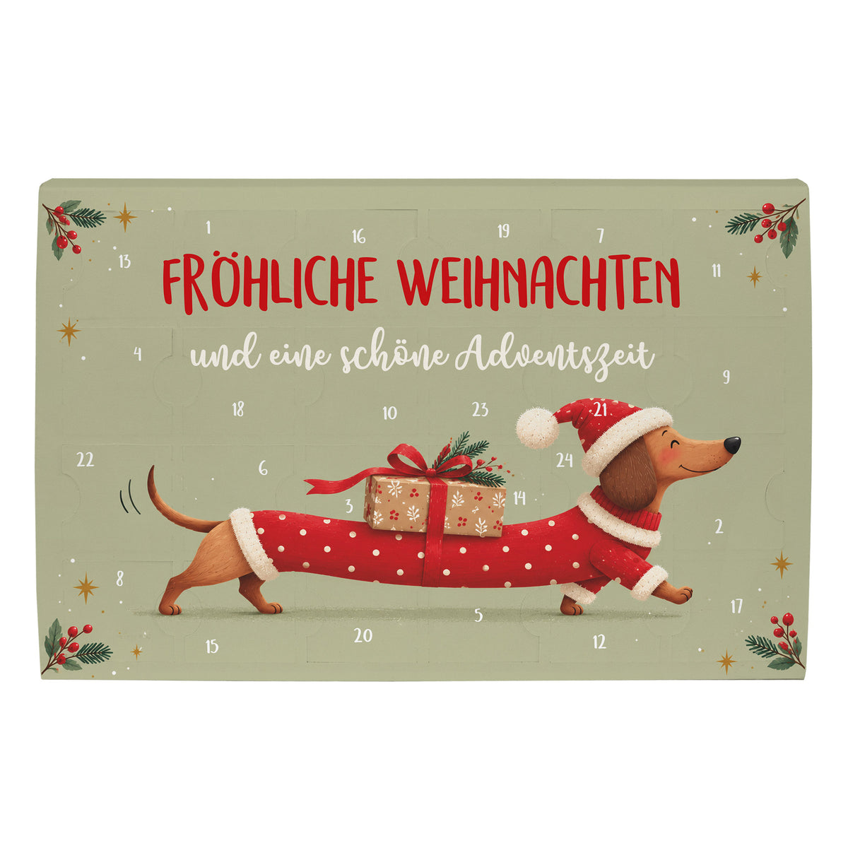 Toffifee Adventskalender mit Dackel im Weihnachtsoutfit und Schriftzug Fröhliche Weihnachten