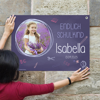 lila Foto-Banner zur Einschulung mit Personalisierung