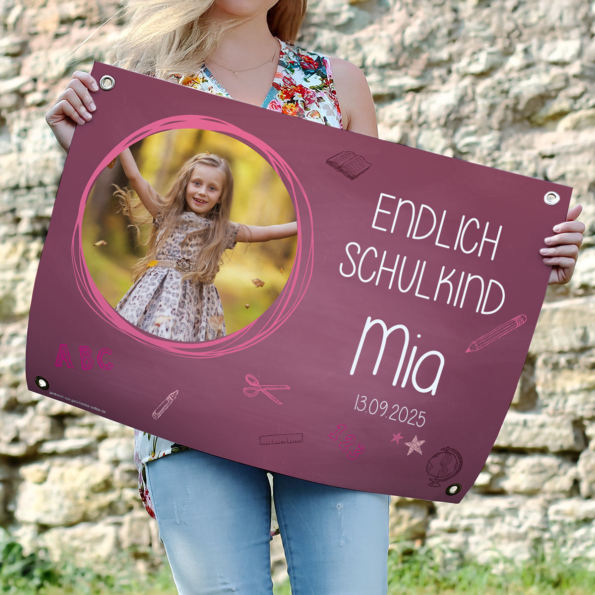 Banner mit Foto und Personalisierung zur Einschulung in rosa/ lila Tönen