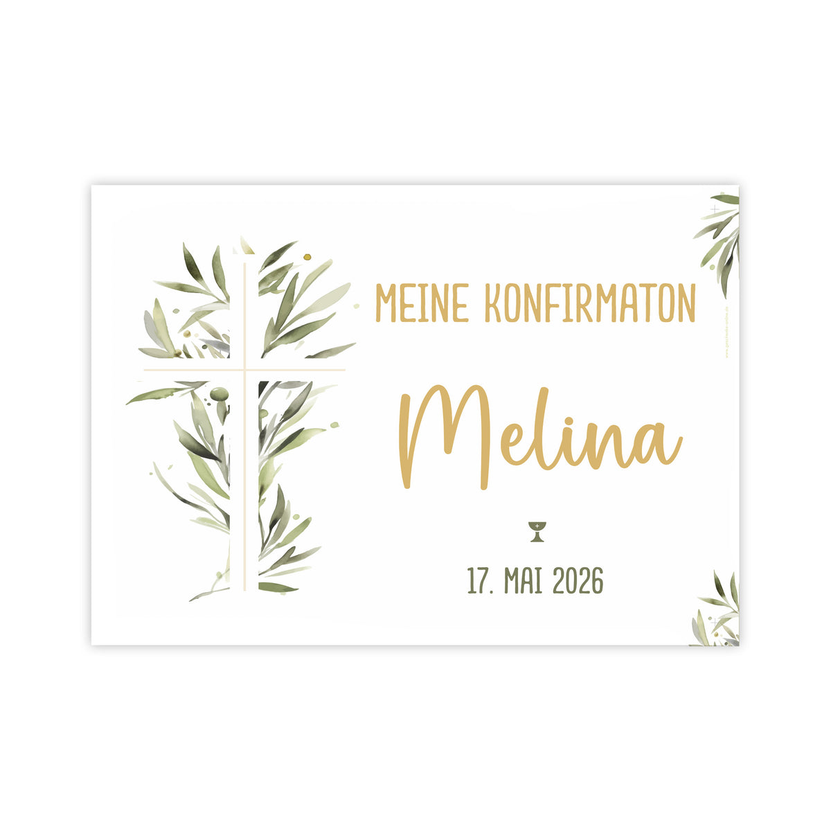 Freigestelltes Banner mit Ölzweig-Kreuz-Design auf weißem Hintergrund. Text: „Meine Konfirmation – Melina – 17. Mai 2026“. Links im Motiv ein Kreuz, das von zarten Ölzweigen in Aquarelloptik umrahmt wird.