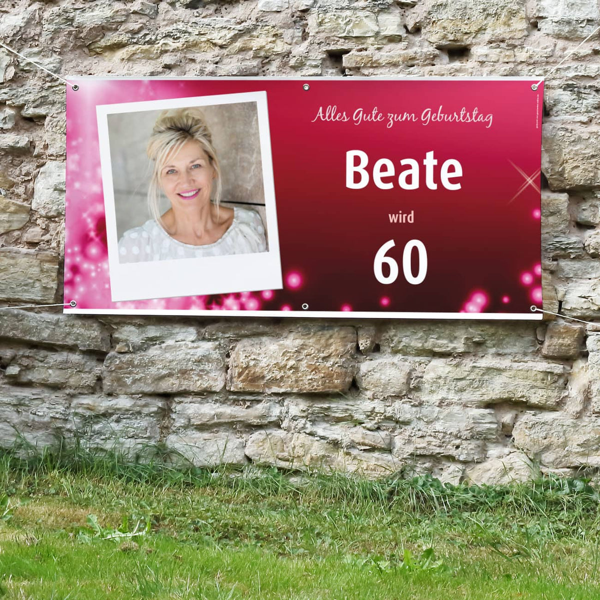 Pinkes Polaroid-Fotobanner zum Geburtstag mit Ihren Wunschangaben