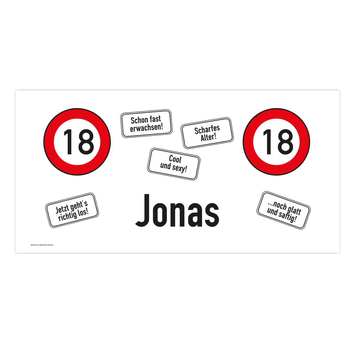 Deko-Banner zum 18. Geburtstag mit Verkehrszeichen und Name
