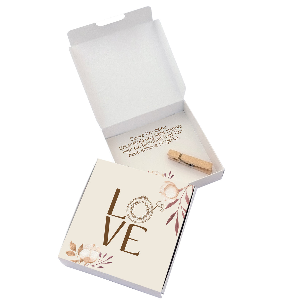 Personalisierte Geldgeschenk Box LOVE für Sticken mit Wunschtext und Geldklammer