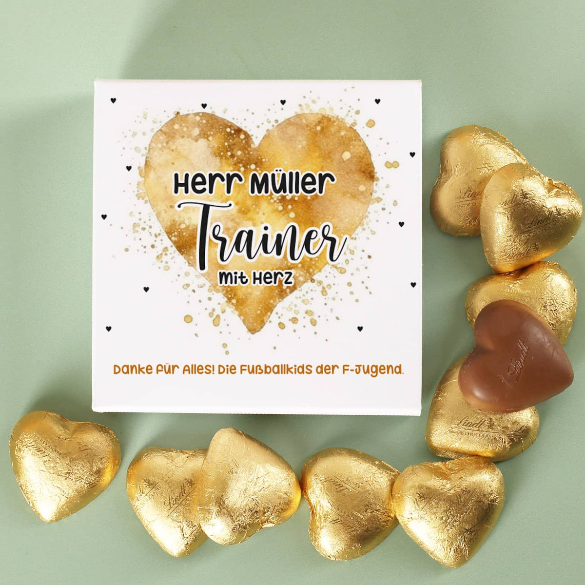 Danke Geschenk für Trainer mit Herz - Geschenkbox mit 10 Lindt Schoko-Herzen