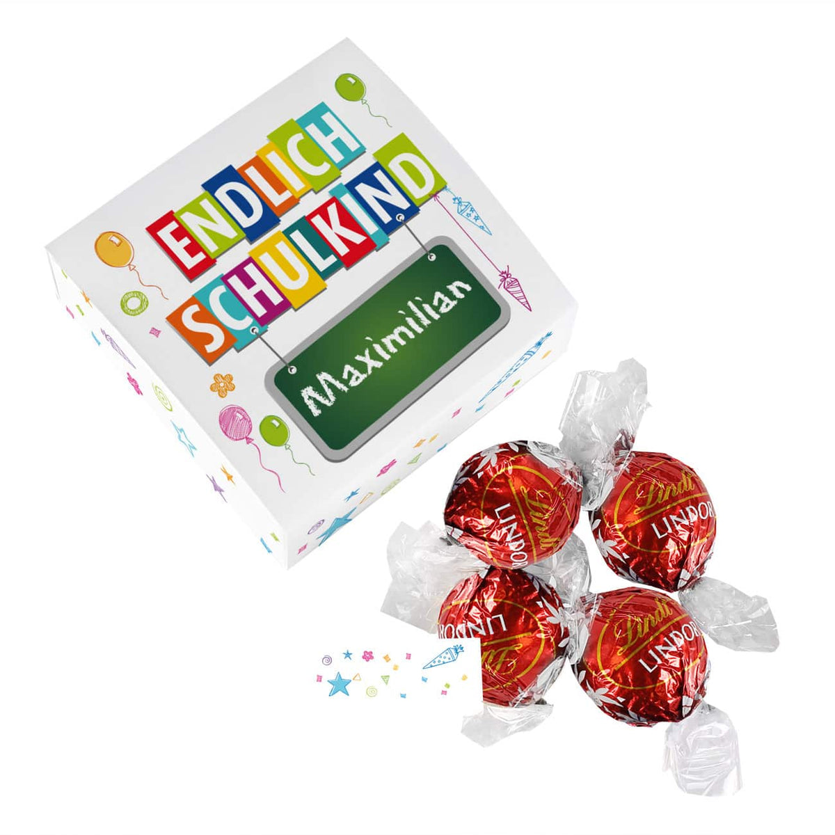 Pralinenschachtel zur Einschulung mit 4 Lindorkugeln las Inhalt und Wunschname bedruckt