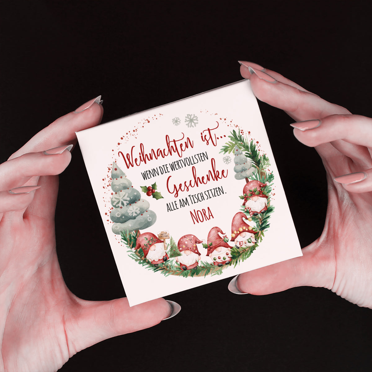 Lindorkugeln in personalisierter Geschenkbox zu Weihnachten mit Wichtelmotiv 'wertvollste Geschenke'