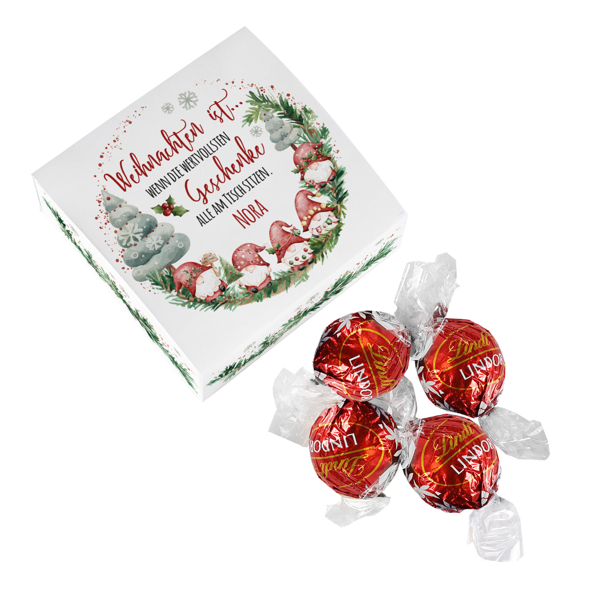 Lindorkugeln in personalisierter Geschenkbox zu Weihnachten mit Wichtelmotiv 'wertvollste Geschenke'