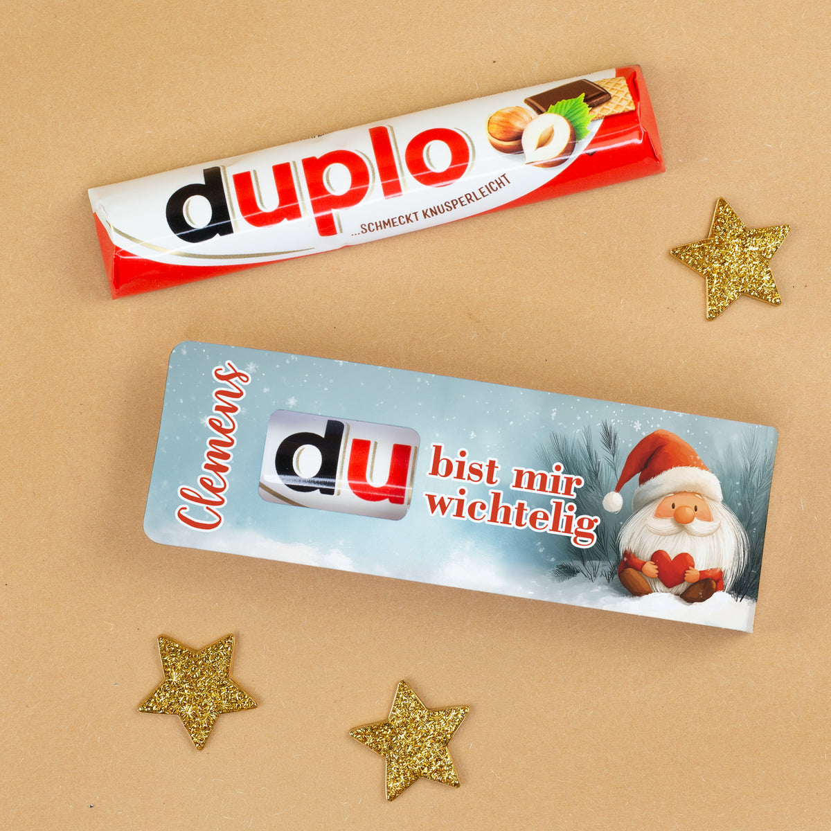 duplo Riegel mit Weihnachtswichtel und Spruch „Du bist mir wichtelig“ als Geschenk