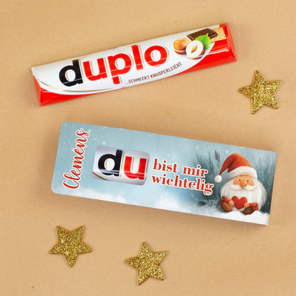 duplo Riegel mit Weihnachtswichtel und Spruch „Du bist mir wichtelig“ als Geschenk