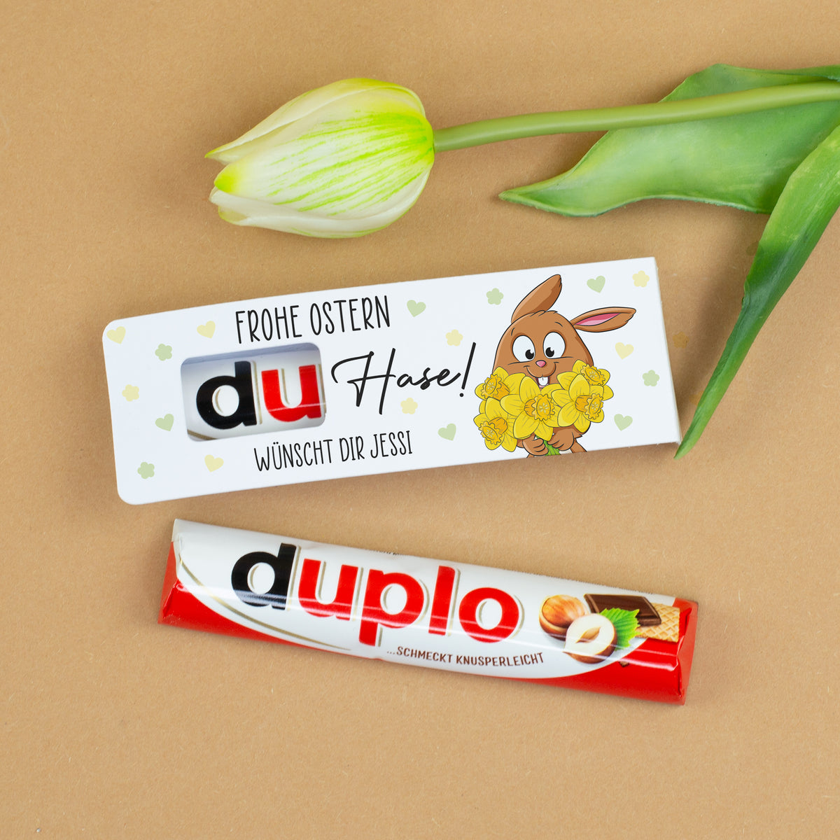 Personalisierter duplo Riegel als kleines Ostergeschenk mit Osterhase und individuellem Wunschtext
