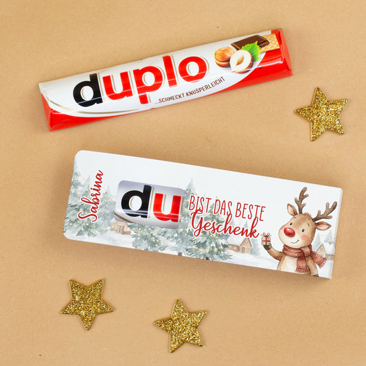 Personalisierter duplo Riegel „Du bist das beste Geschenk“ mit Name und Rentier Weihnachtsmotiv