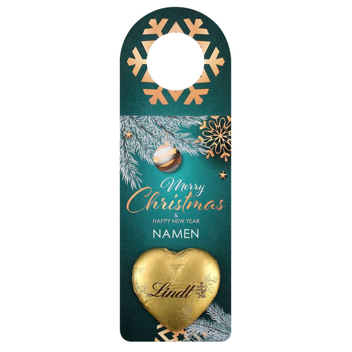 großer Flaschenanhänger mit Lindt-Schokolade und Wunschnamen zu Weihnachten