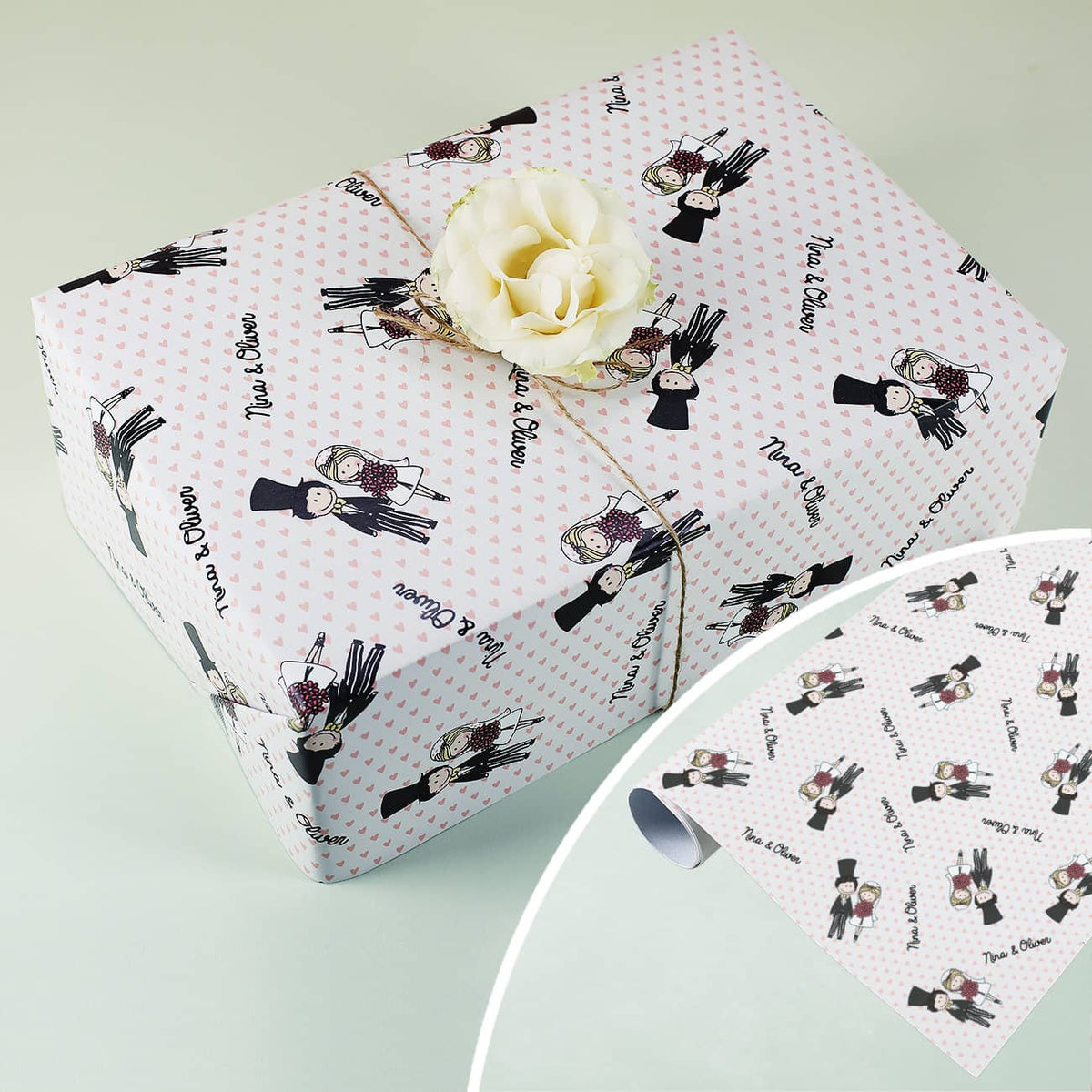 Geschenkpapier zur Hochzeit mit Namen des Paares und Comic Motiv