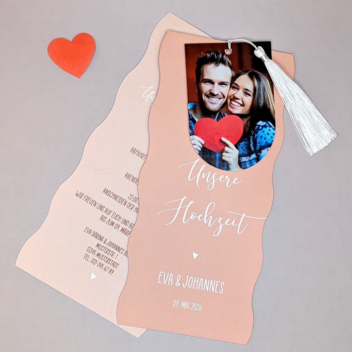 Hochzeitseinladung - Kartentrio mit Wellenrand - verschiedene Farben wählbar