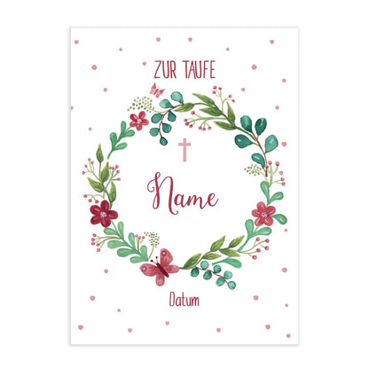 Klappkarte zur Taufe mit Blumenkranz, Wunschname und Datum