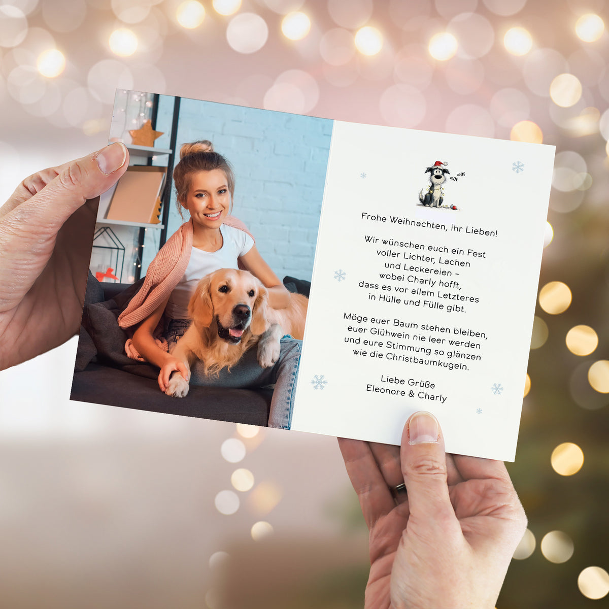 Innenansicht der Weihnachtskarte mit Hundemotiv, persönlichem Foto links und individuellem Text rechts.