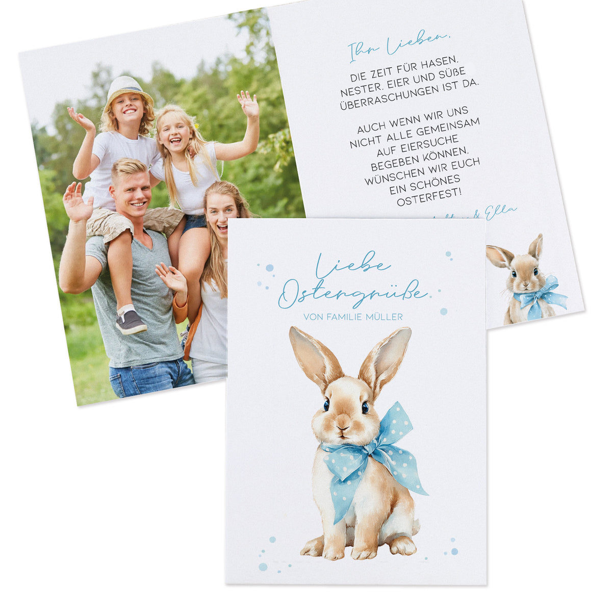 Geöffnete Oster Klappkarte mit persönlichem Foto auf der linken Seite und individuellem Ostergrußtext im Innenteil