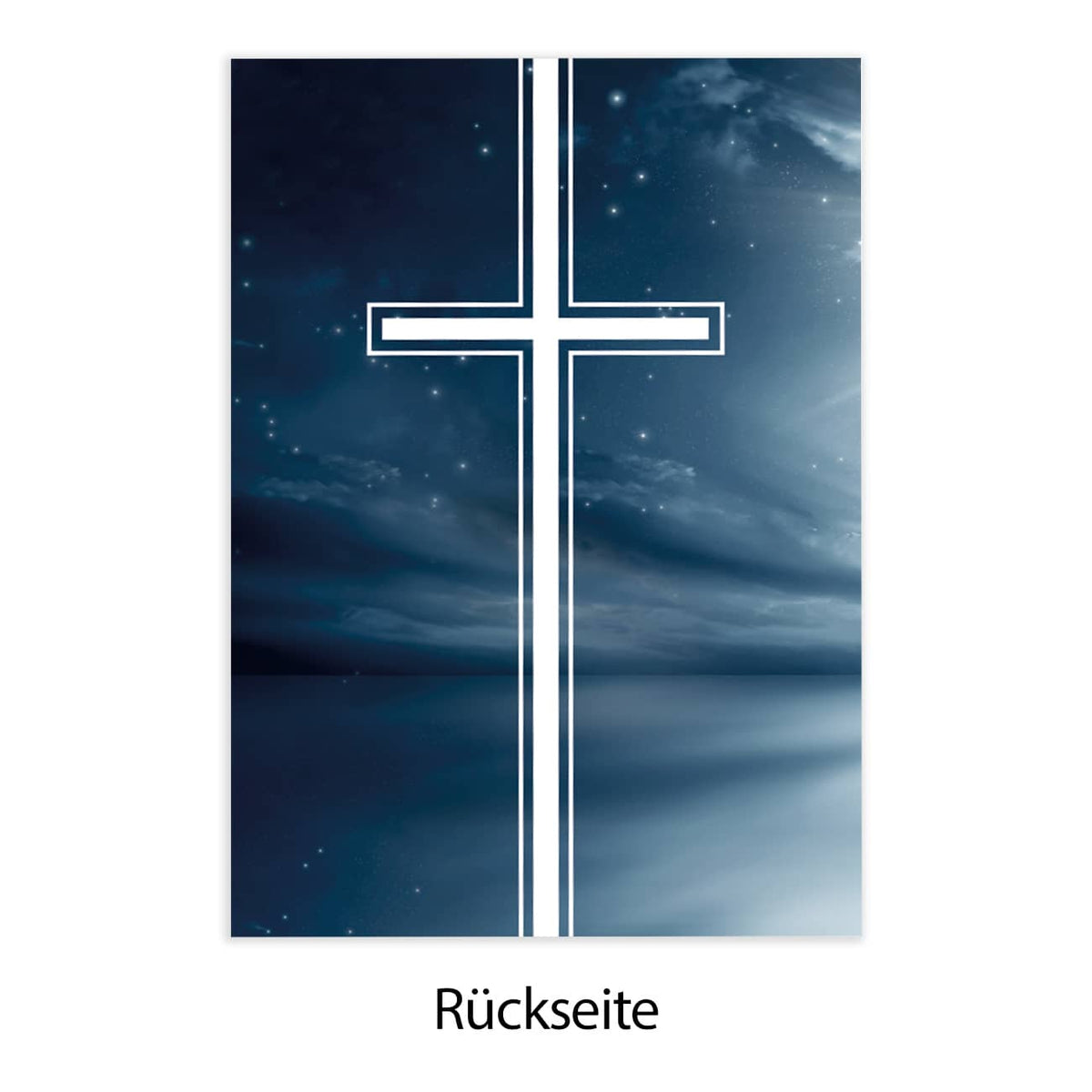 Rückseite der Trauerkarte mit Himmel bei Nacht und großem Kreuz