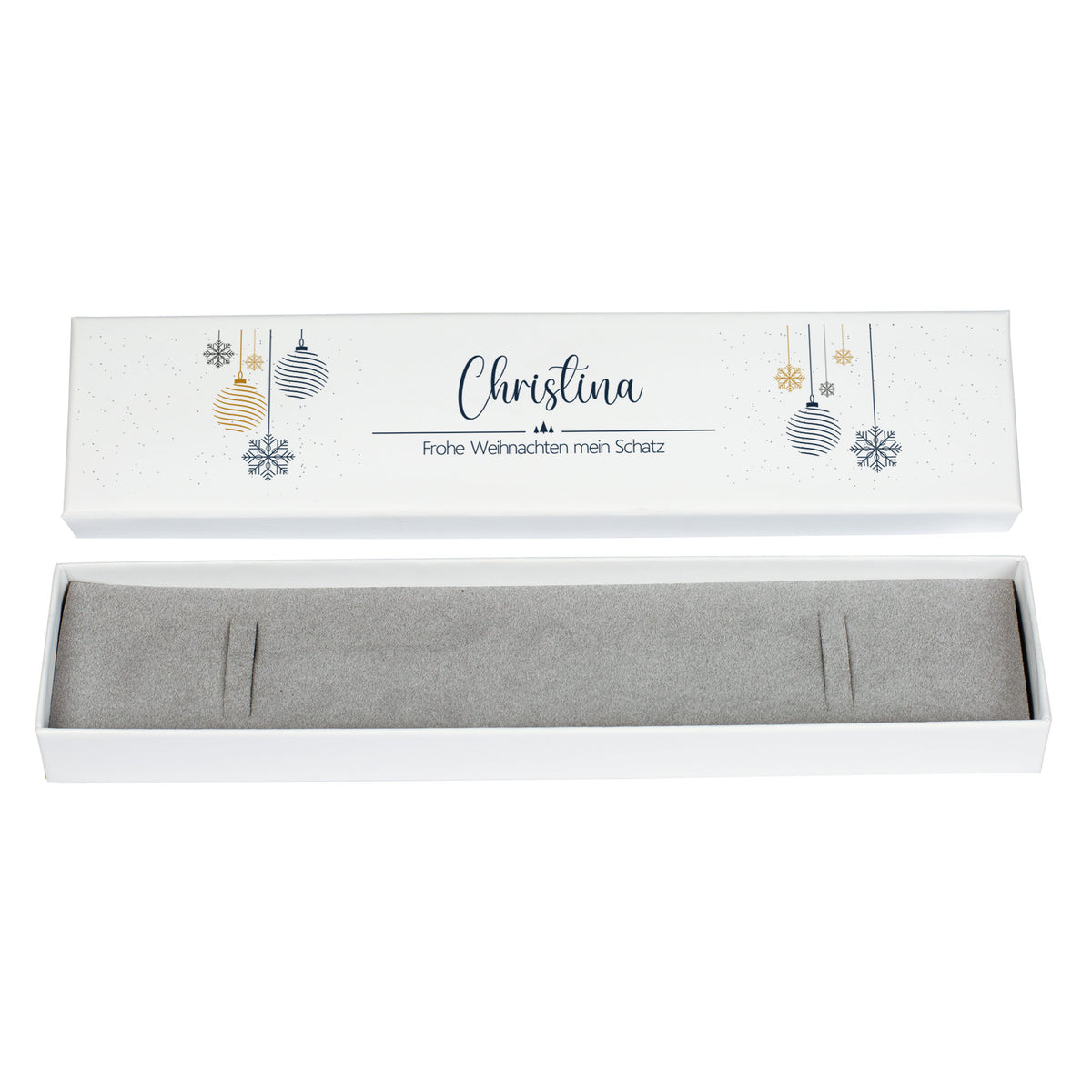 Weihnachtliche Armband-Geschenkbox mit Name und Wunschtext, dekoriert mit Schneeflocken und Kugeln