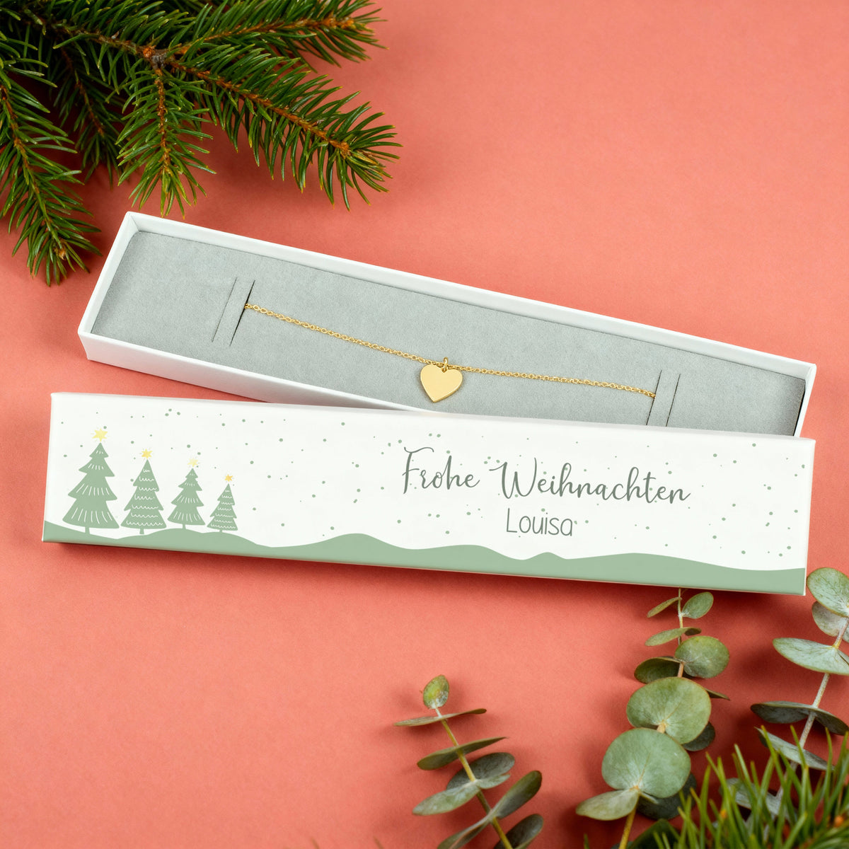 Weihnachts-Schmuckbox mit Name Louisa und festlichem Tannenbaumdesign als Geschenkidee