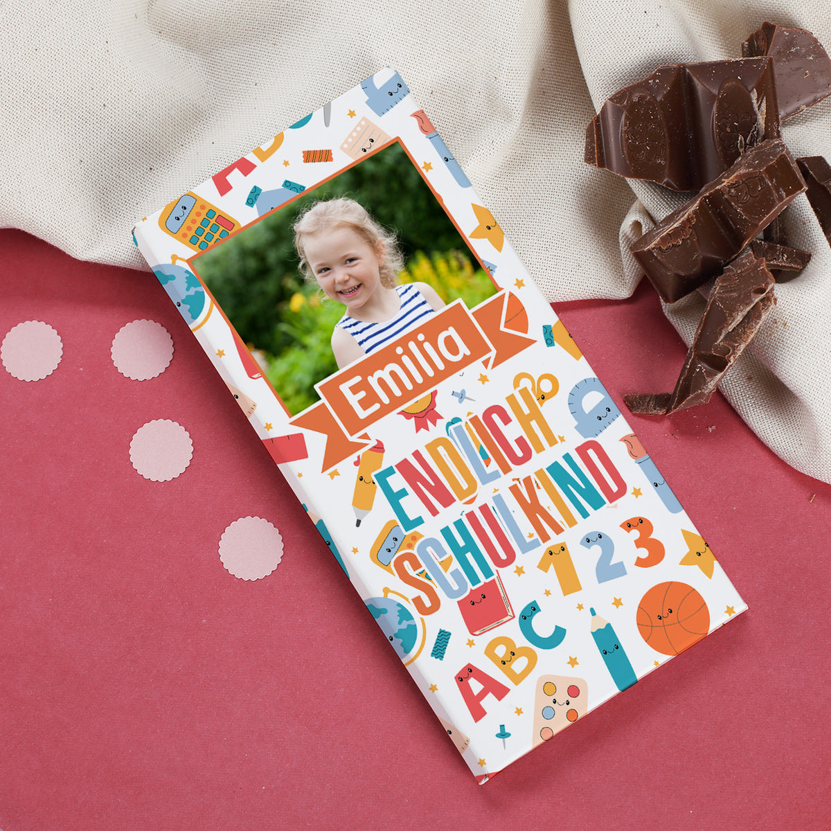 Endlich Schulkind - Schokolade zur Einschulung personalisierbar mit Foto und Wunschname