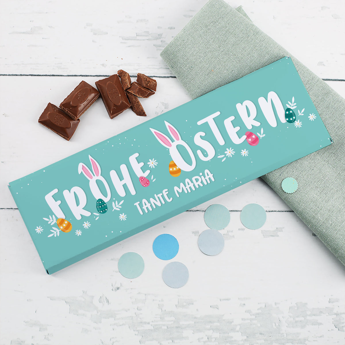 Personalisierte XL Schokolade „Frohe Ostern“ mit Wunschtext TANTE MARIA im mintfarbenen Osterdesign