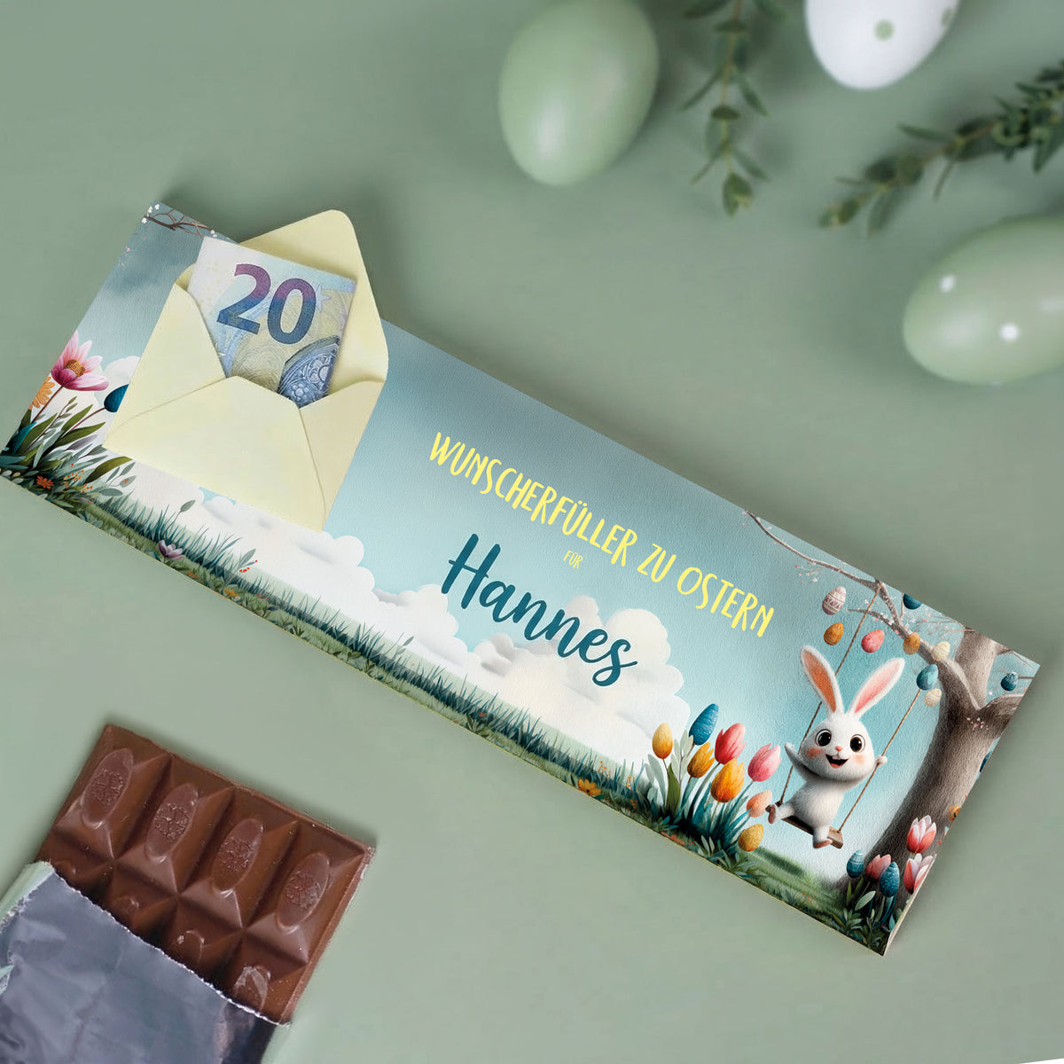 Personalisierte XL Osterschokolade mit Name Hannes und Geldumschlag, Osterdesign mit Hase und Geldschein