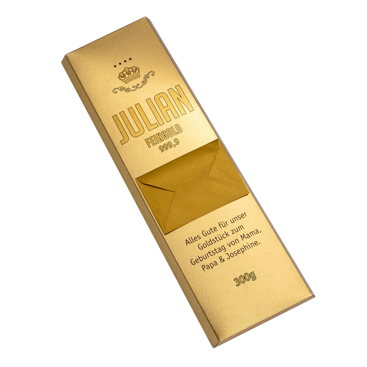300g Schokolade als Geldgeschenk in Goldbarren-Optik mit Umschlag und Wunschtext