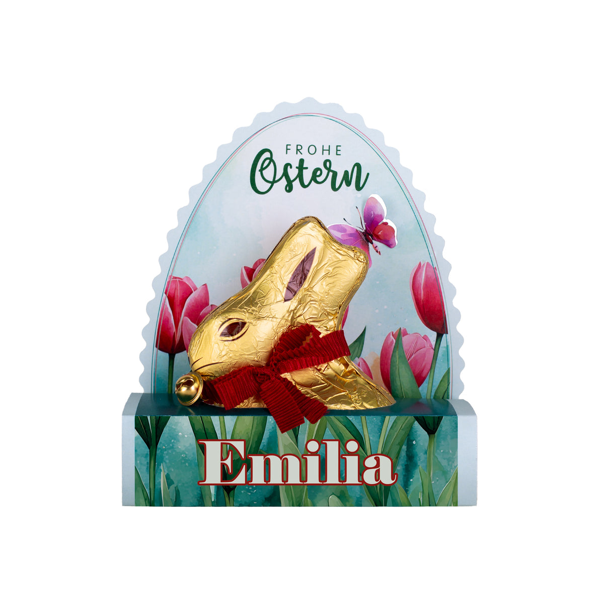 Lindt Goldhase in personalisierter Osterverpackung mit Wunschname "Frohe Ostern"